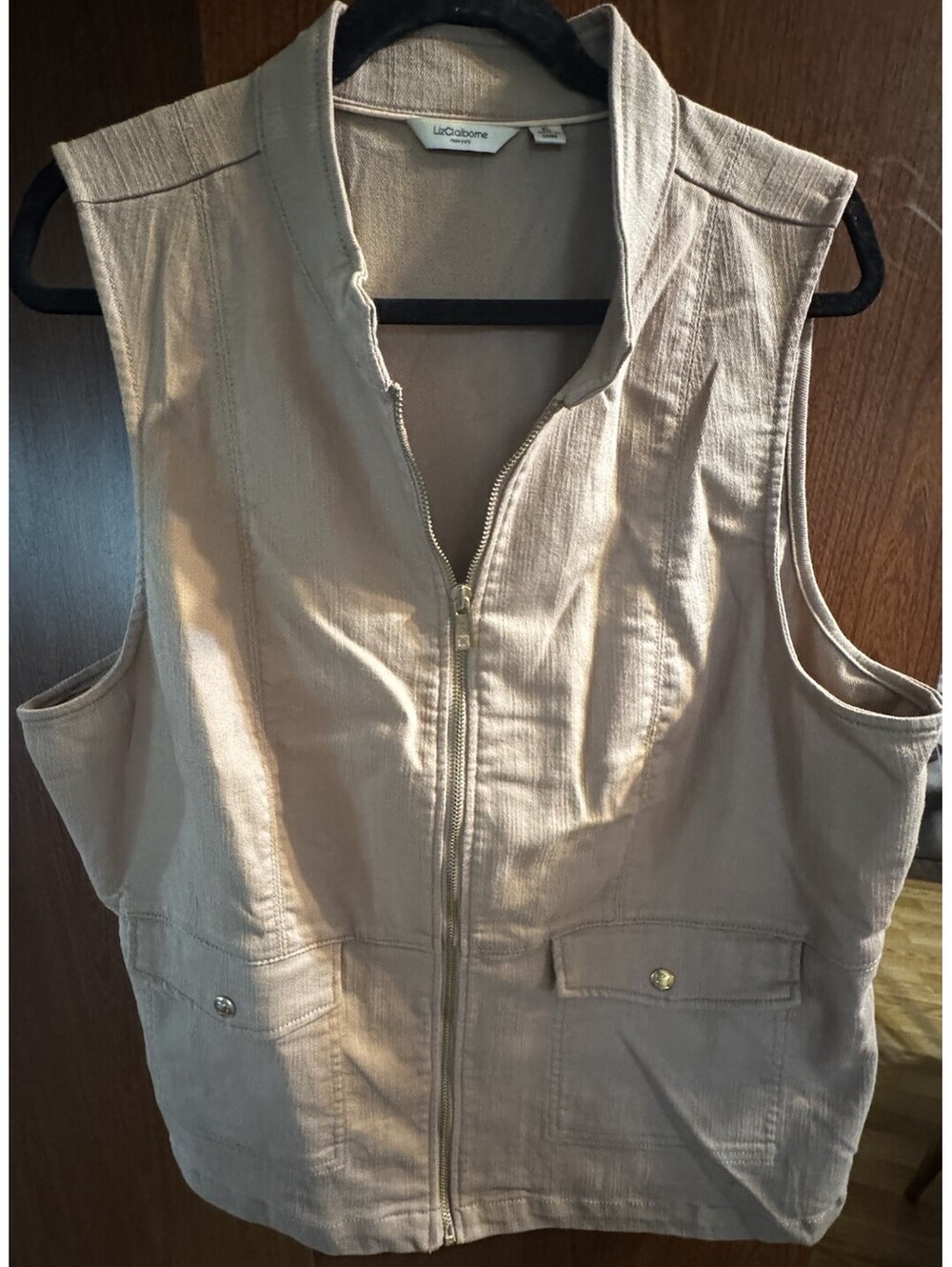 Liz Claiborne New York Women XL Taupe Denim Utility Vest Zip Front A261238